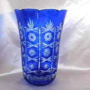 Huge Blue Cut to Clear Vase # 25203